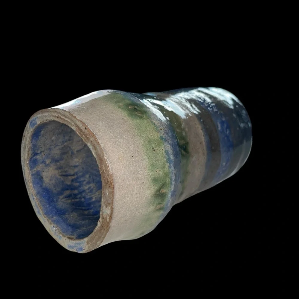 Vintage Handmade Stoneware Cylinder Vase Blue Gray Green Glaze 6.75